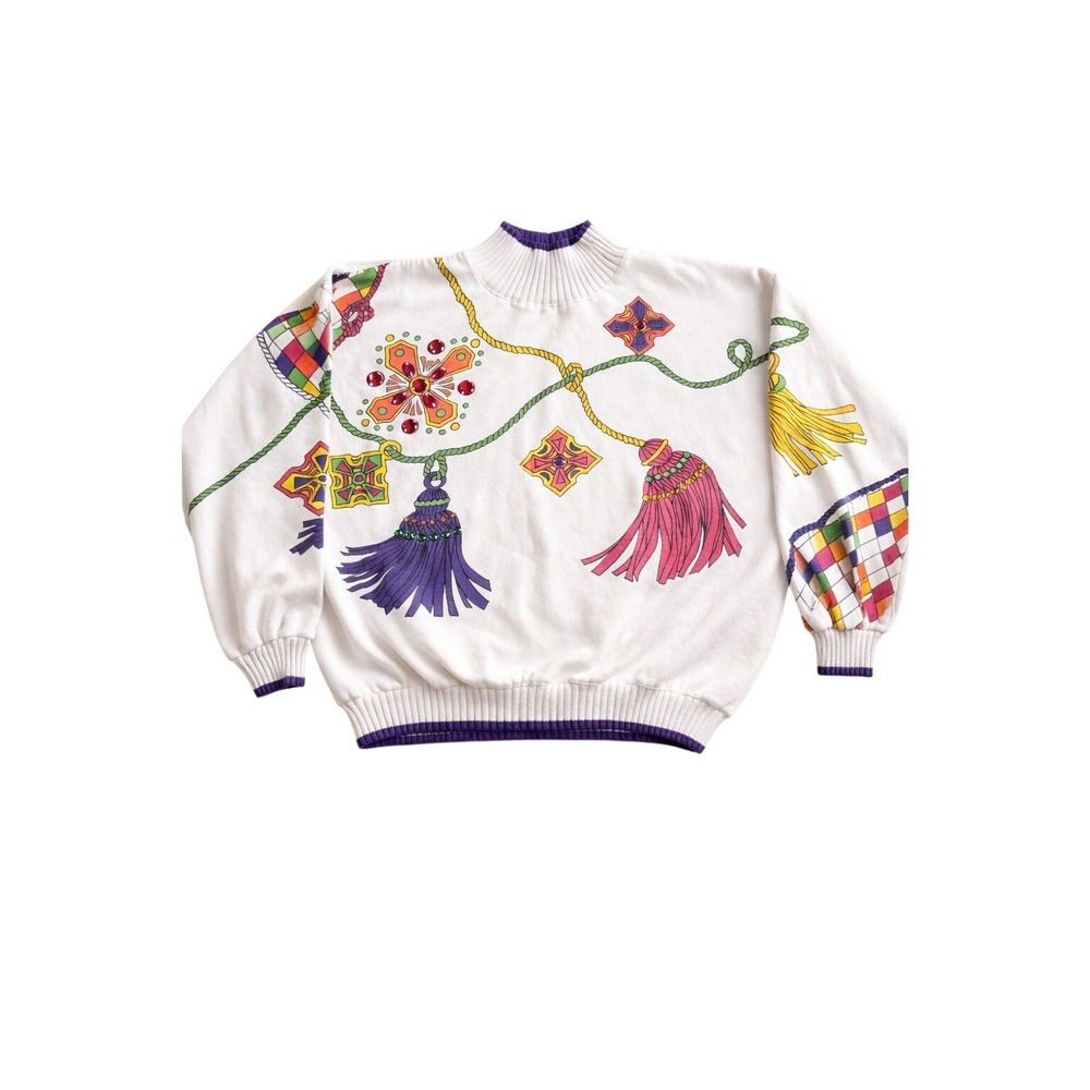 Interim Sweatshirt Womens‎ 1980s Tassel Print Made in Korea Colorful Pullover